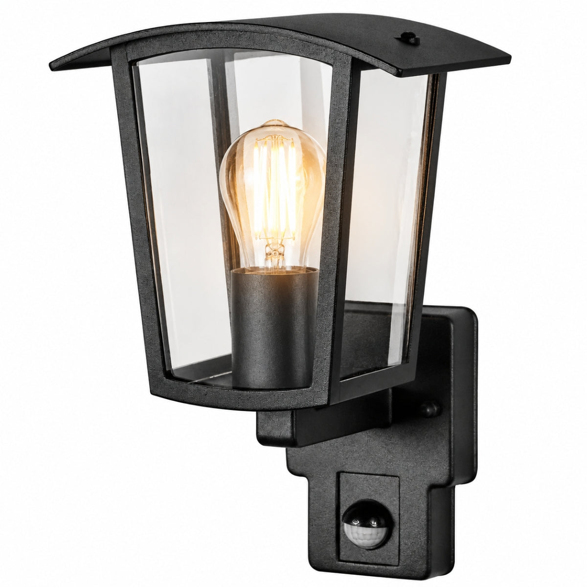 CGC ALLY Black E27 Outdoor Wall Light Lantern Clear Diffuser IP44 with PIR Motion Sensor