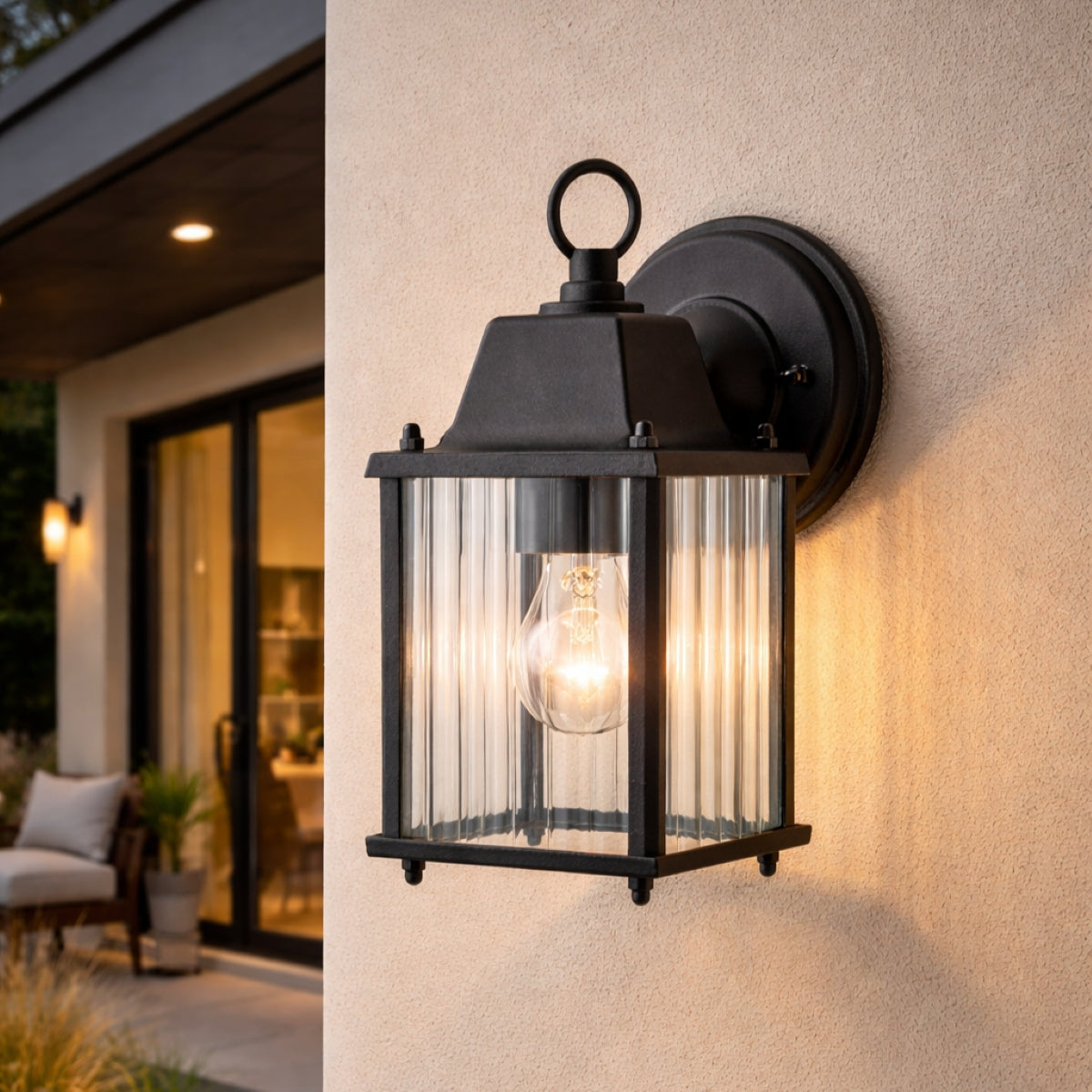 CGC Santiago Mini Black Coach Lantern Wall Light with Ribbed Glass