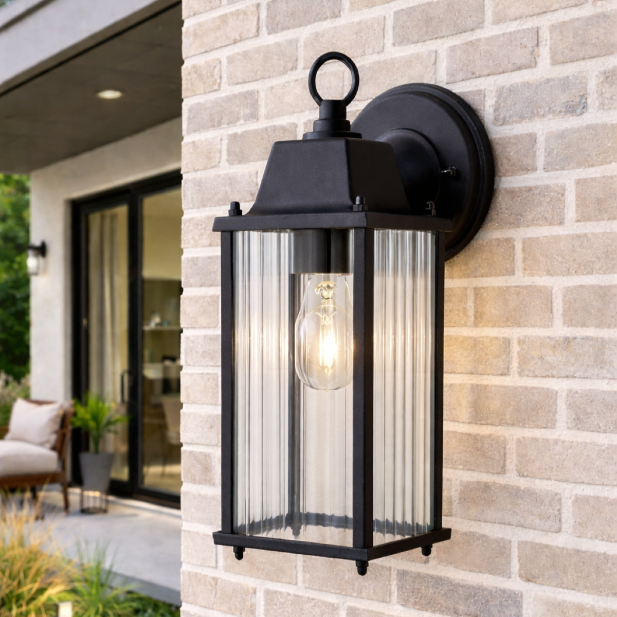 CGC Santiago Black Coach Lantern Wall Light with Ribbed Glass