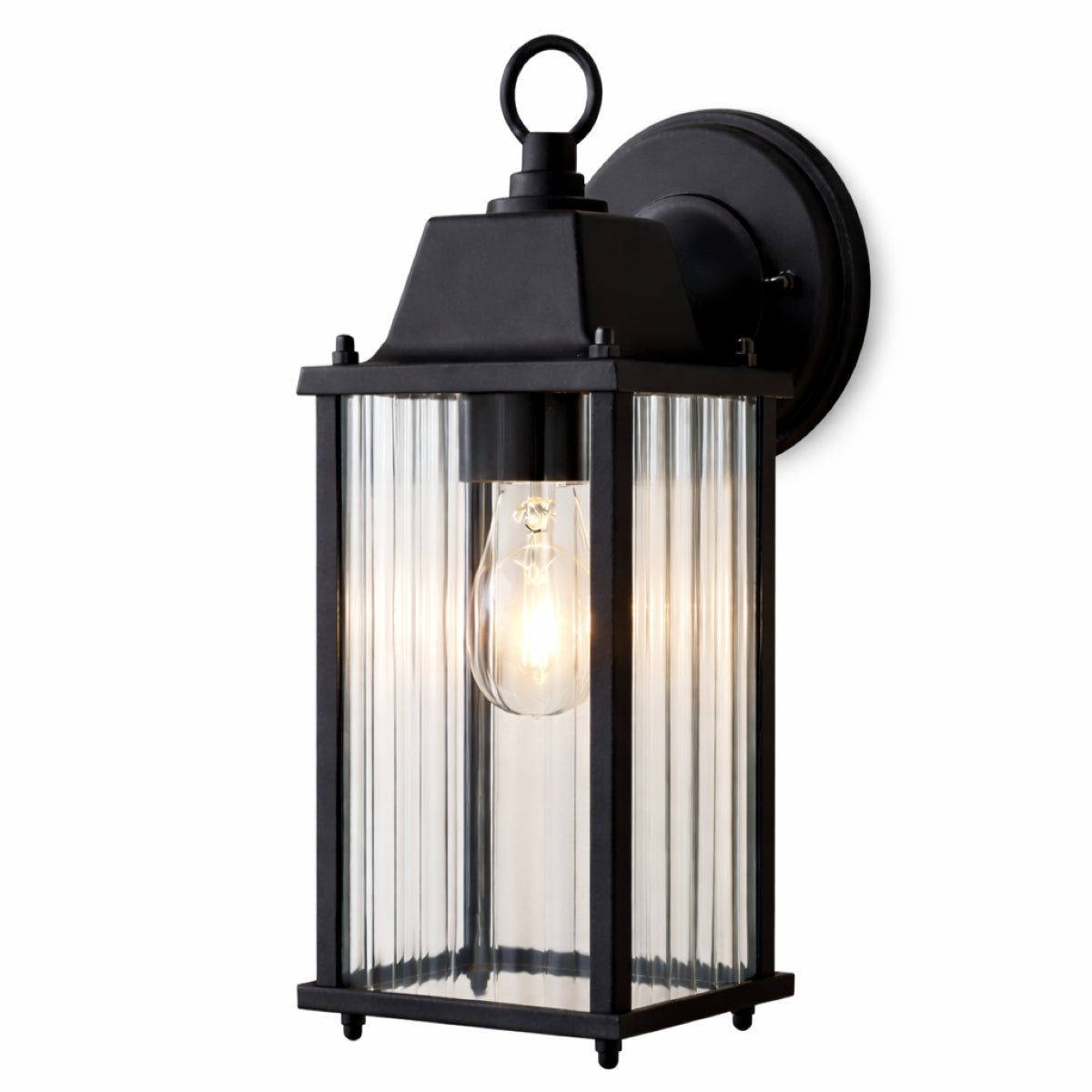 CGC Santiago Black Coach Lantern Wall Light with Ribbed Glass