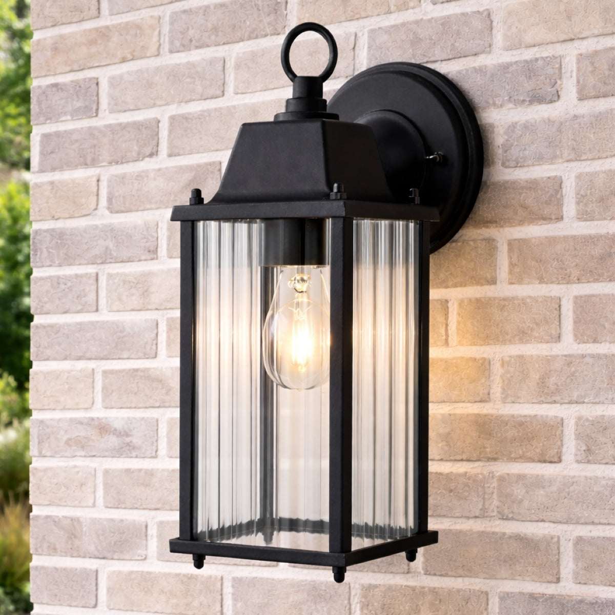 CGC Santiago Black Coach Lantern Wall Light with Ribbed Glass