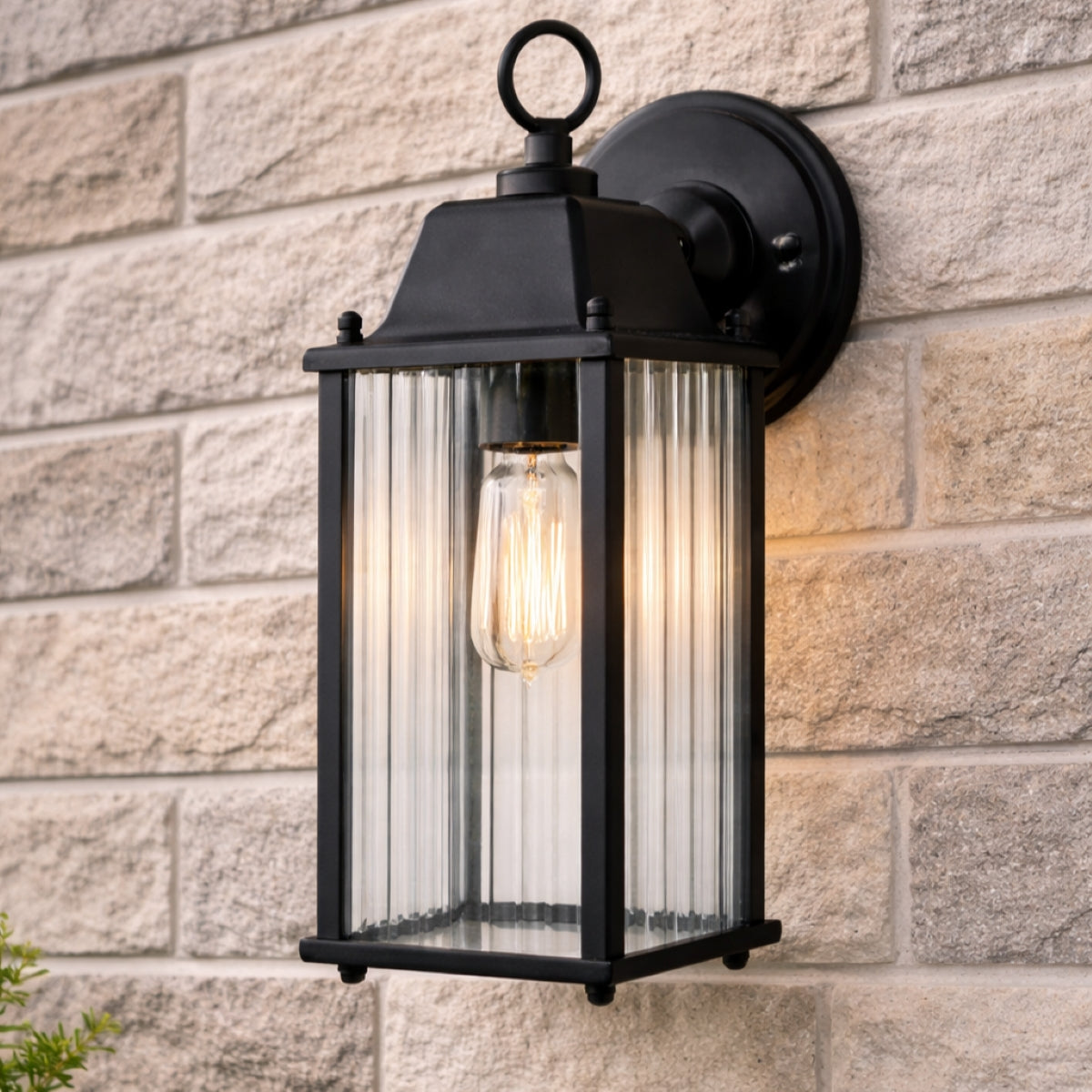 CGC Santiago Black Coach Lantern Wall Light with Ribbed Glass