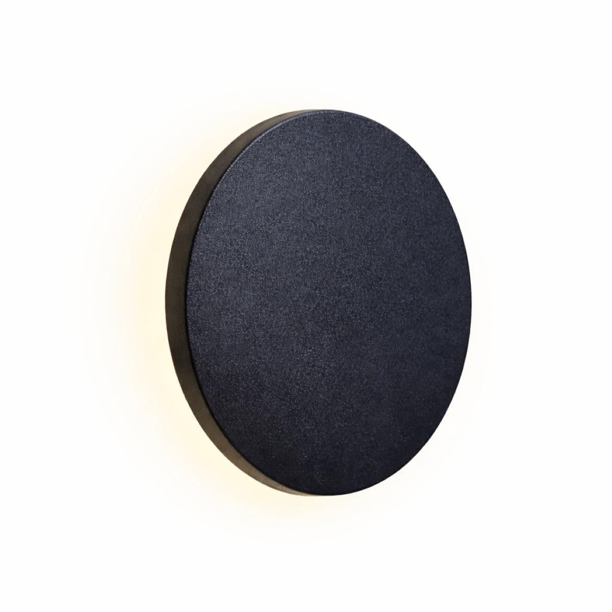 Round black wall light fixture on a white background