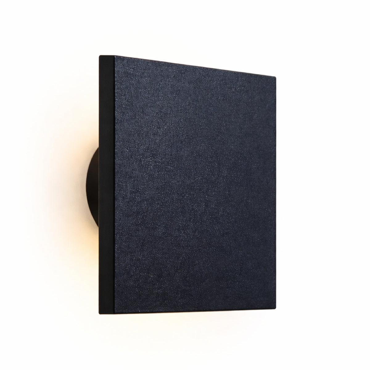 Black square wall light fixture on a white background