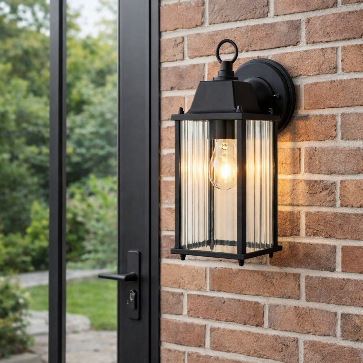 CGC Santiago Black Coach Lantern Wall Light with Ribbed Glass