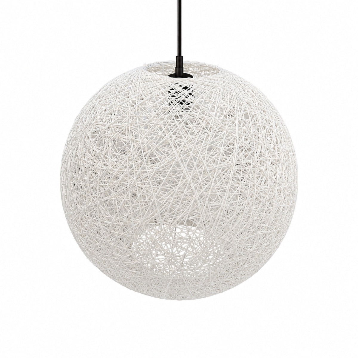 Spherical pendant light with white string design on a white background