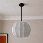 Spherical pendant light hanging from the ceiling in a room with a neutral wall and framed artwork.