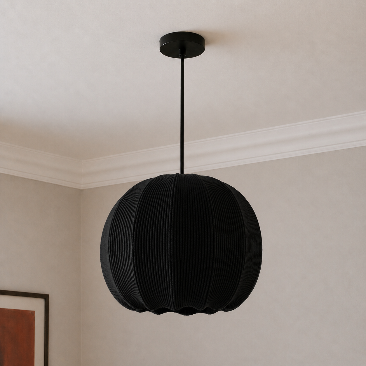 Black pendant light hanging from the ceiling in a room with neutral walls.