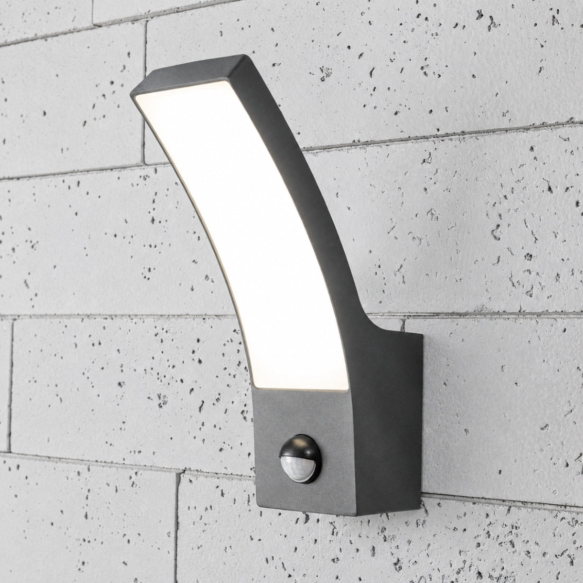 CGC MILLIE Anthracite Dark Grey Curved LED Wall Light PIR Motion Sensor Diecast Aluminium Opal Diffuser 4000k IP54