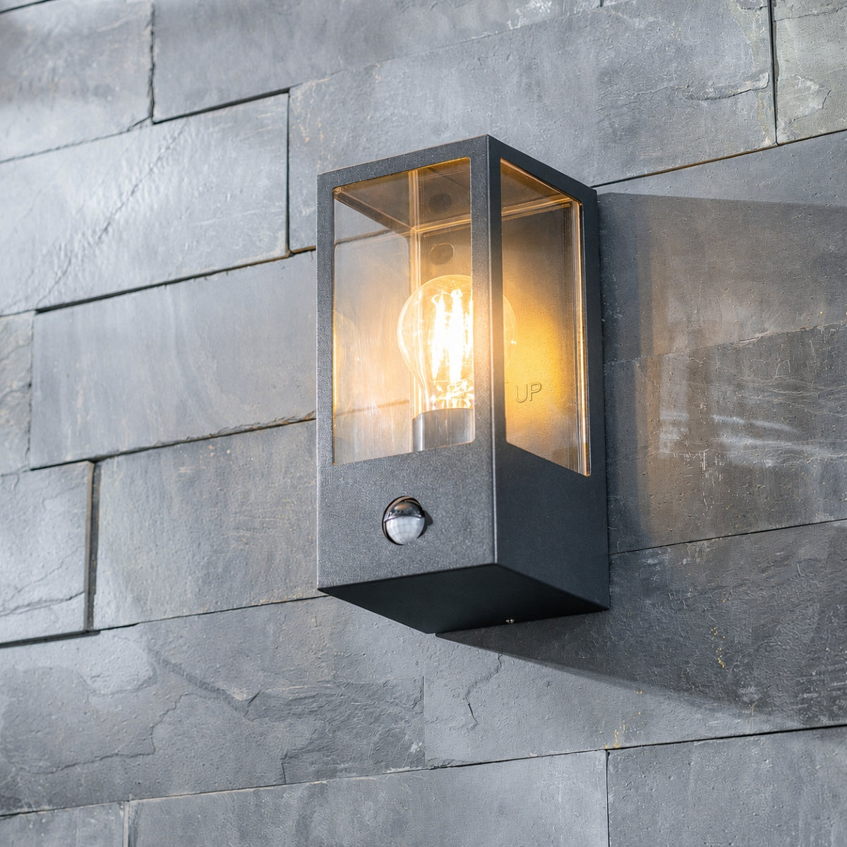 CGC MARINA Black E27 Outdoor PIR Motion Sensor Wall Light Box Lantern Clear Diffuser IP44