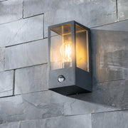 CGC MARINA Black E27 Outdoor PIR Motion Sensor Wall Light Box Lantern Clear Diffuser IP44