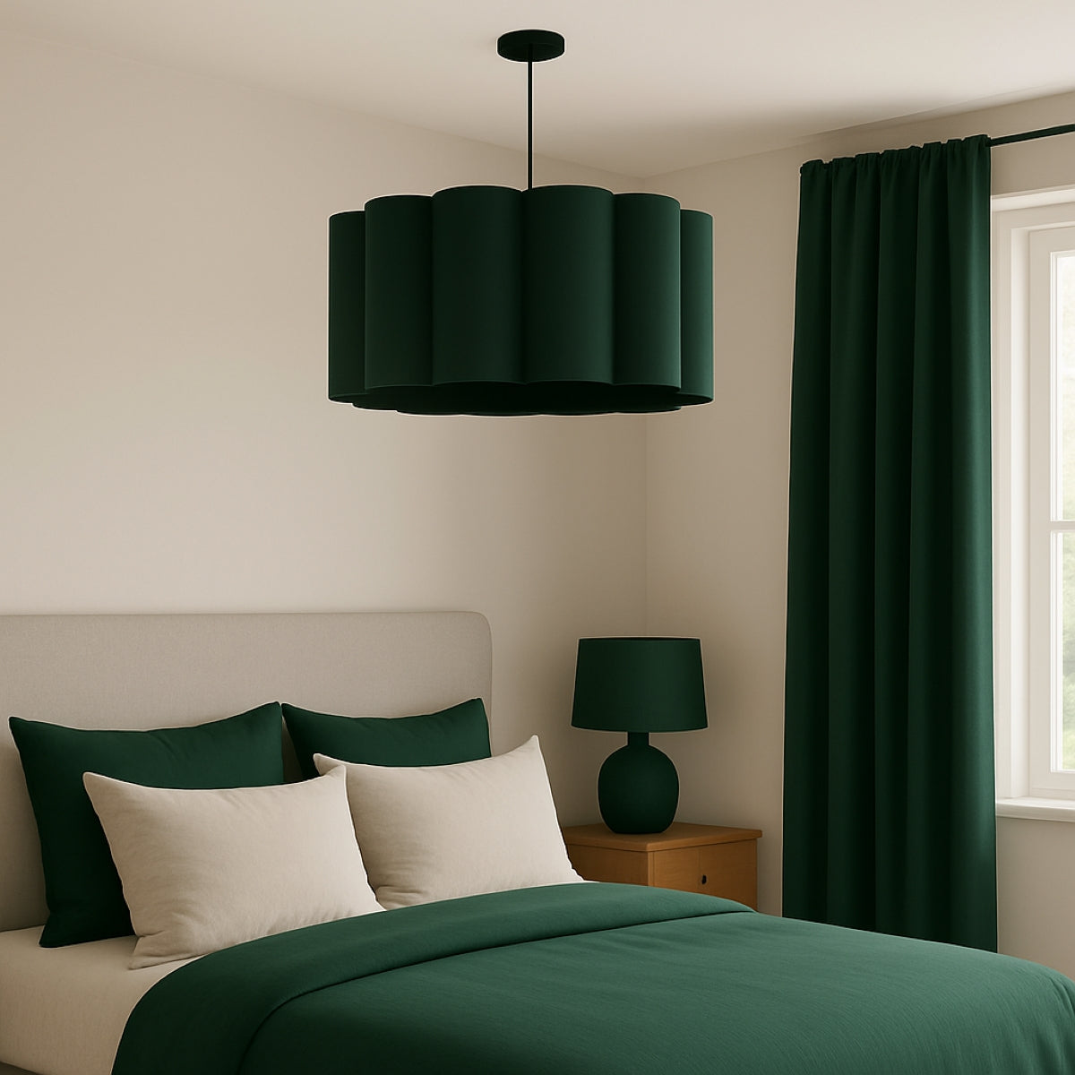 Modern bedroom with green bedding, lamp, and pendant light.
