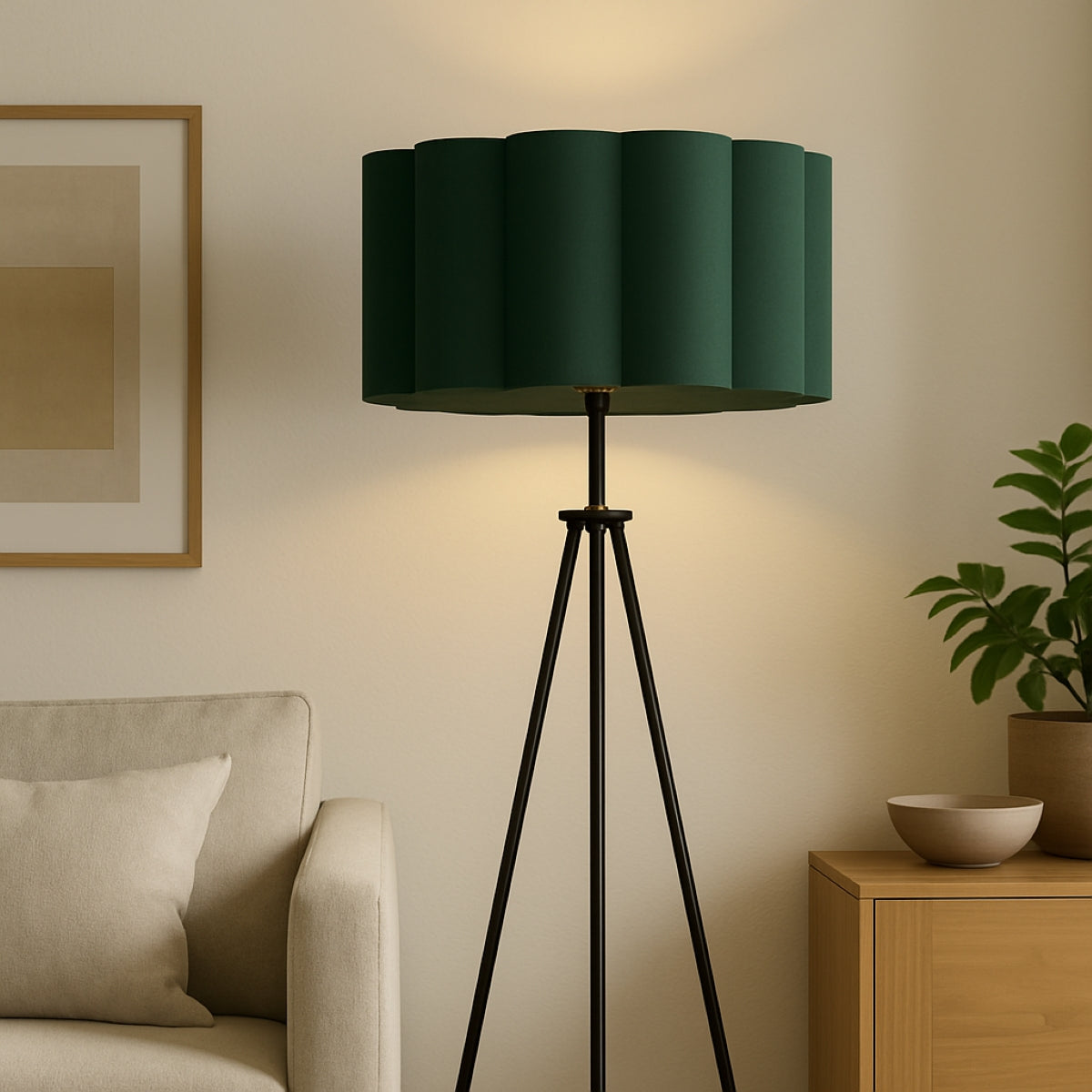 Dark green floor lamp with a wavy shade in a living room setting.