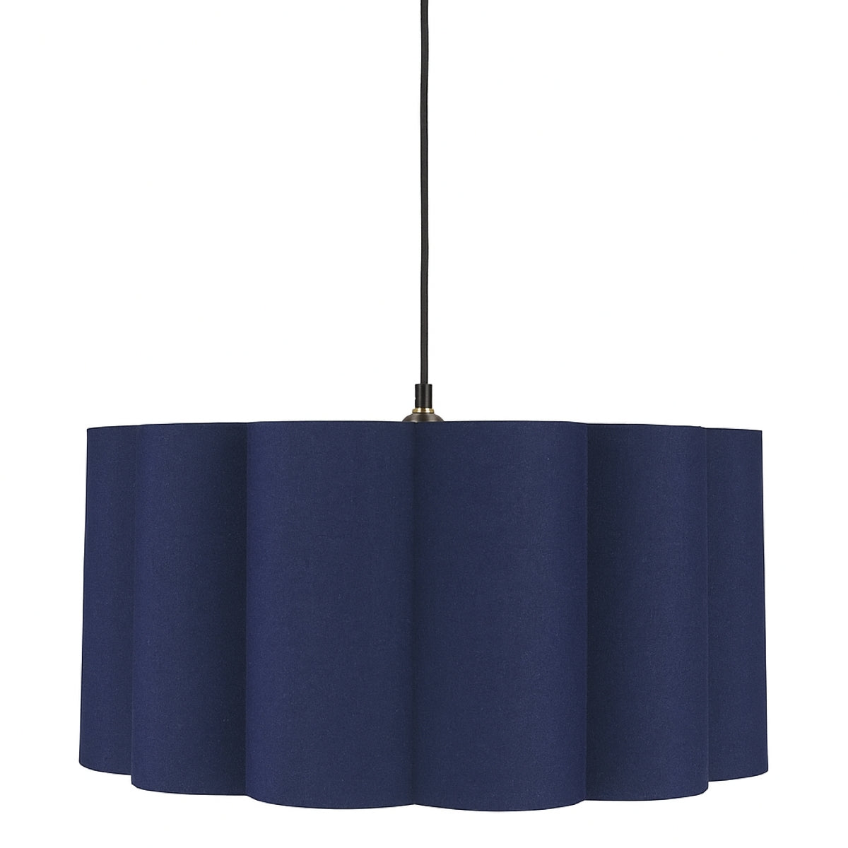 Navy blue pendant light with a scalloped edge on a white background