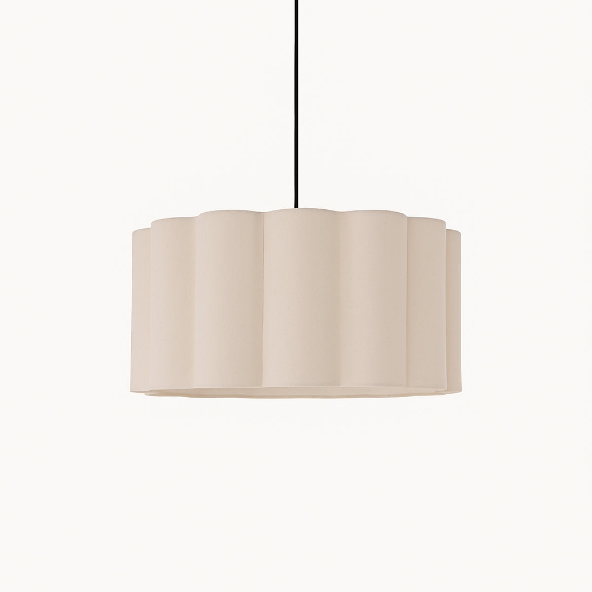 Beige pendant lamp with a ribbed shade on a white background