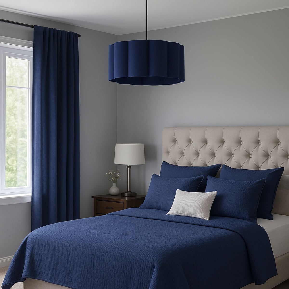 Modern bedroom with blue bedding, gray walls, and a lamp.