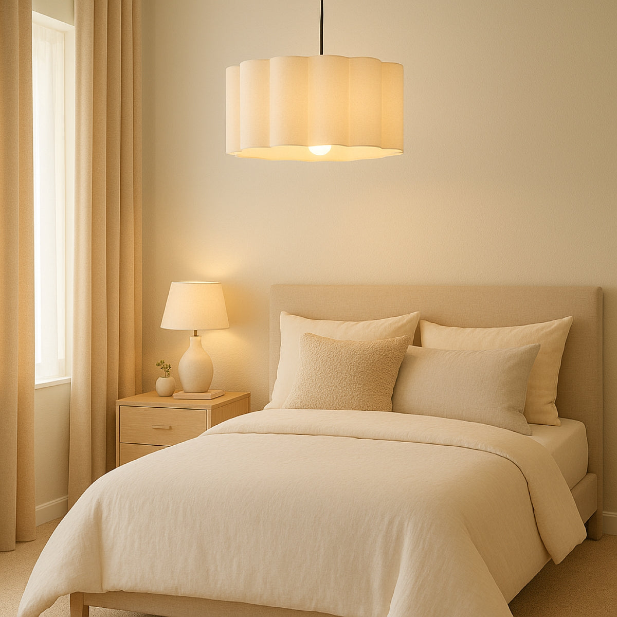 Neatly made bed with beige bedding and pillows in a softly lit bedroom.