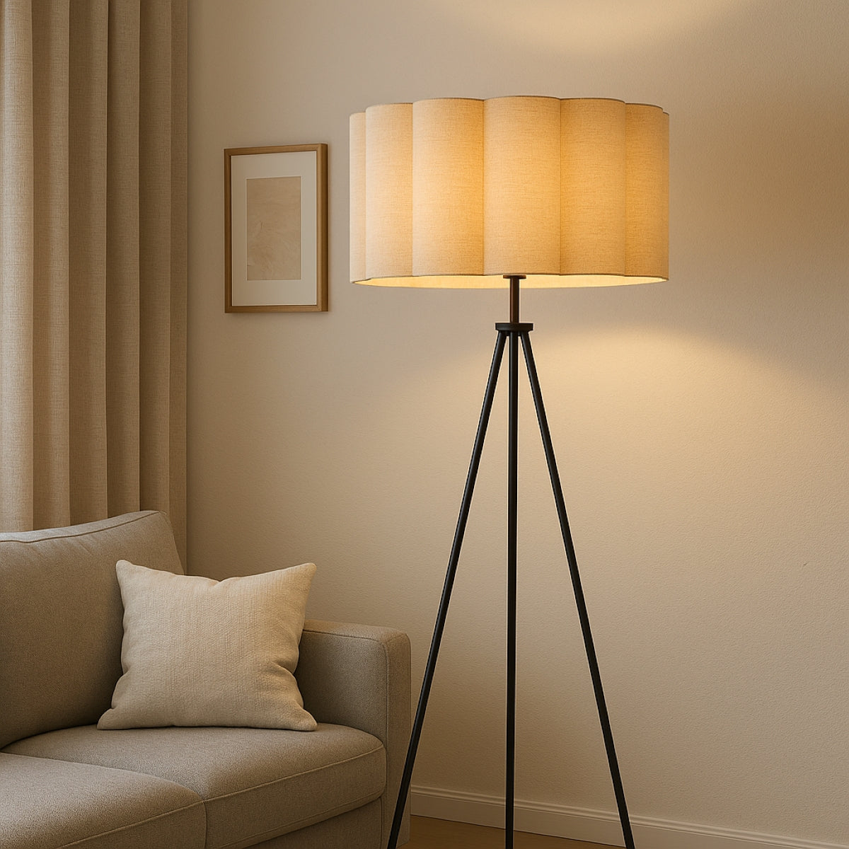 Triangular floor lamp with a beige shade in a living room setting.