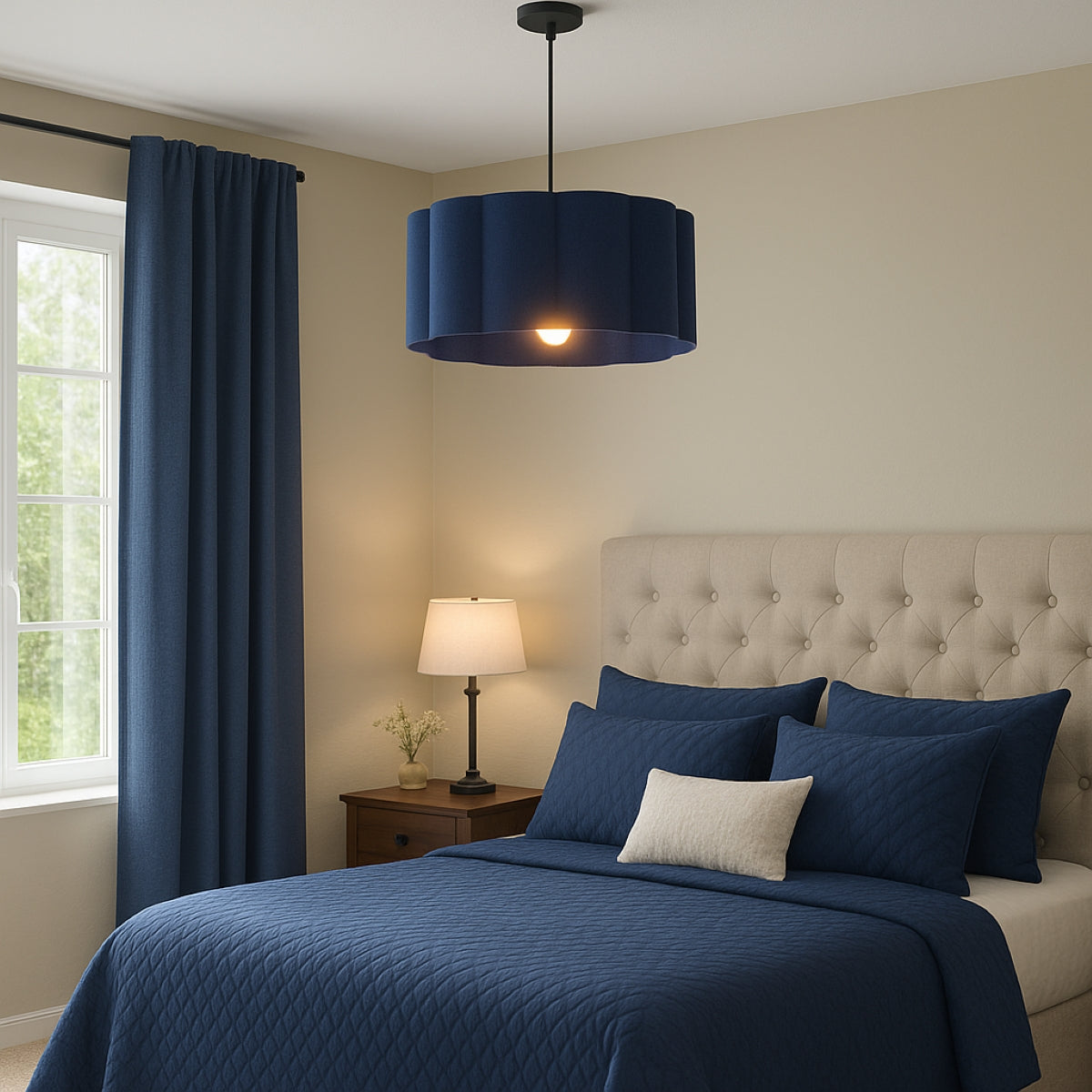 Bedroom with blue bedding, lamp, and curtains in a well-lit room.