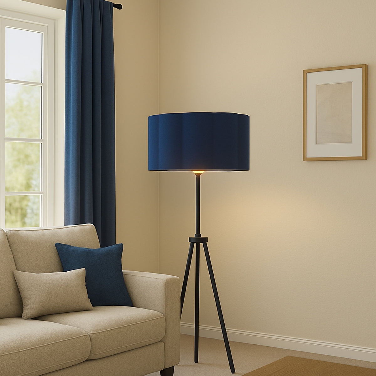 Living room with beige sofa, blue lampshade, and framed picture on beige wall.