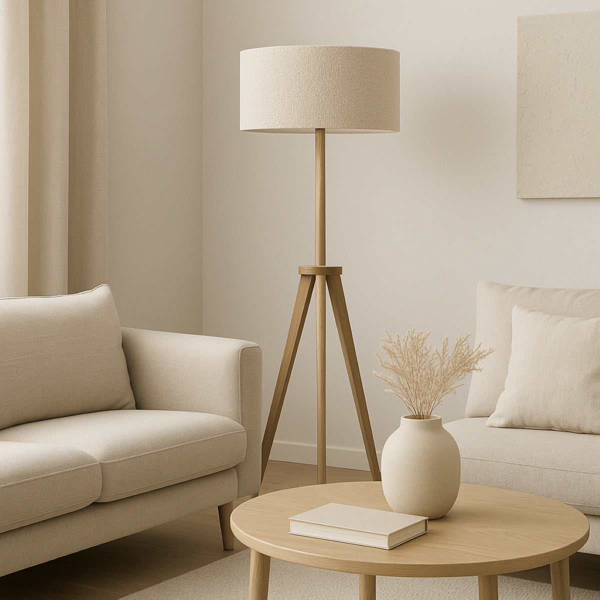 Beige living room with a floor lamp, sofa, and coffee table.