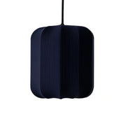 navy pendant lamp with a pleated design on a white background