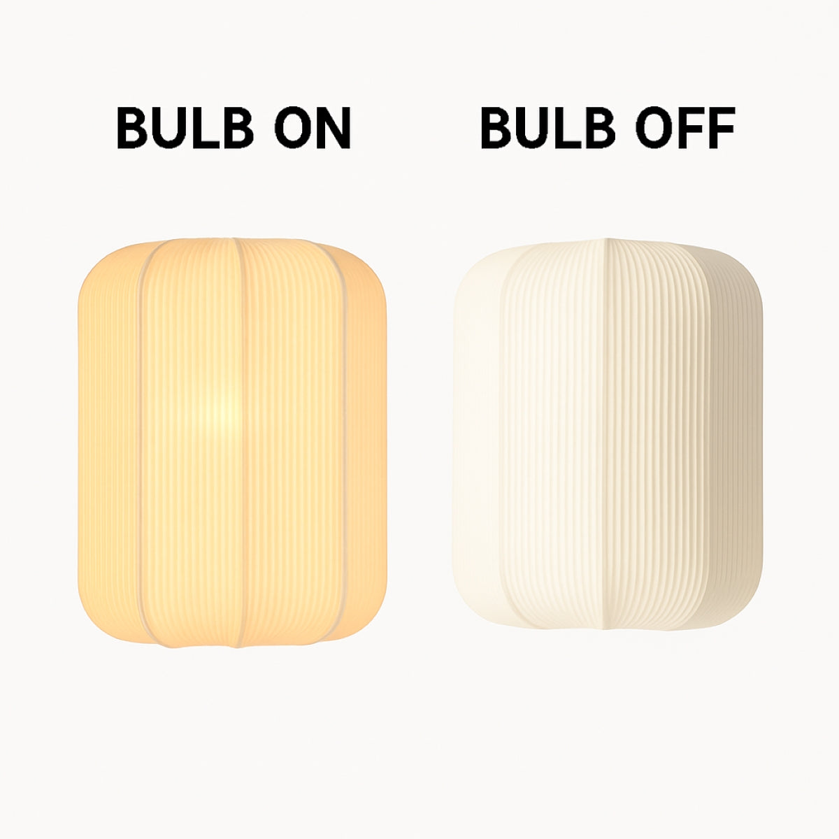 Two cube-shaped lamps, one labeled 'Bulb On' and the other 'Bulb Off', on a white background.