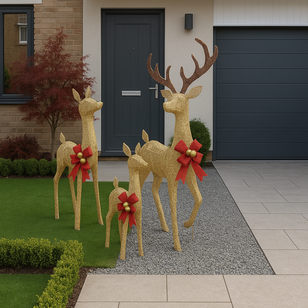Decorative reindeer family with red bows in front of a house.