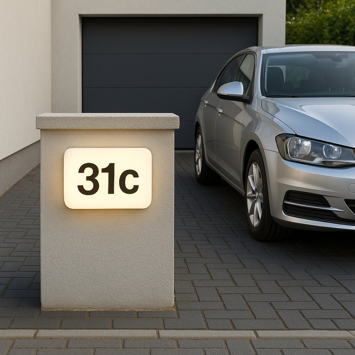 Modern house with a driveway, car, and illuminated house number sign.