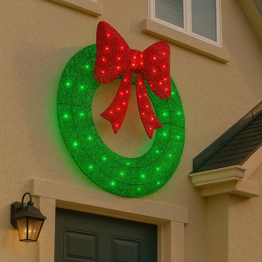 Decorative green wreath with red bow on a building facade
