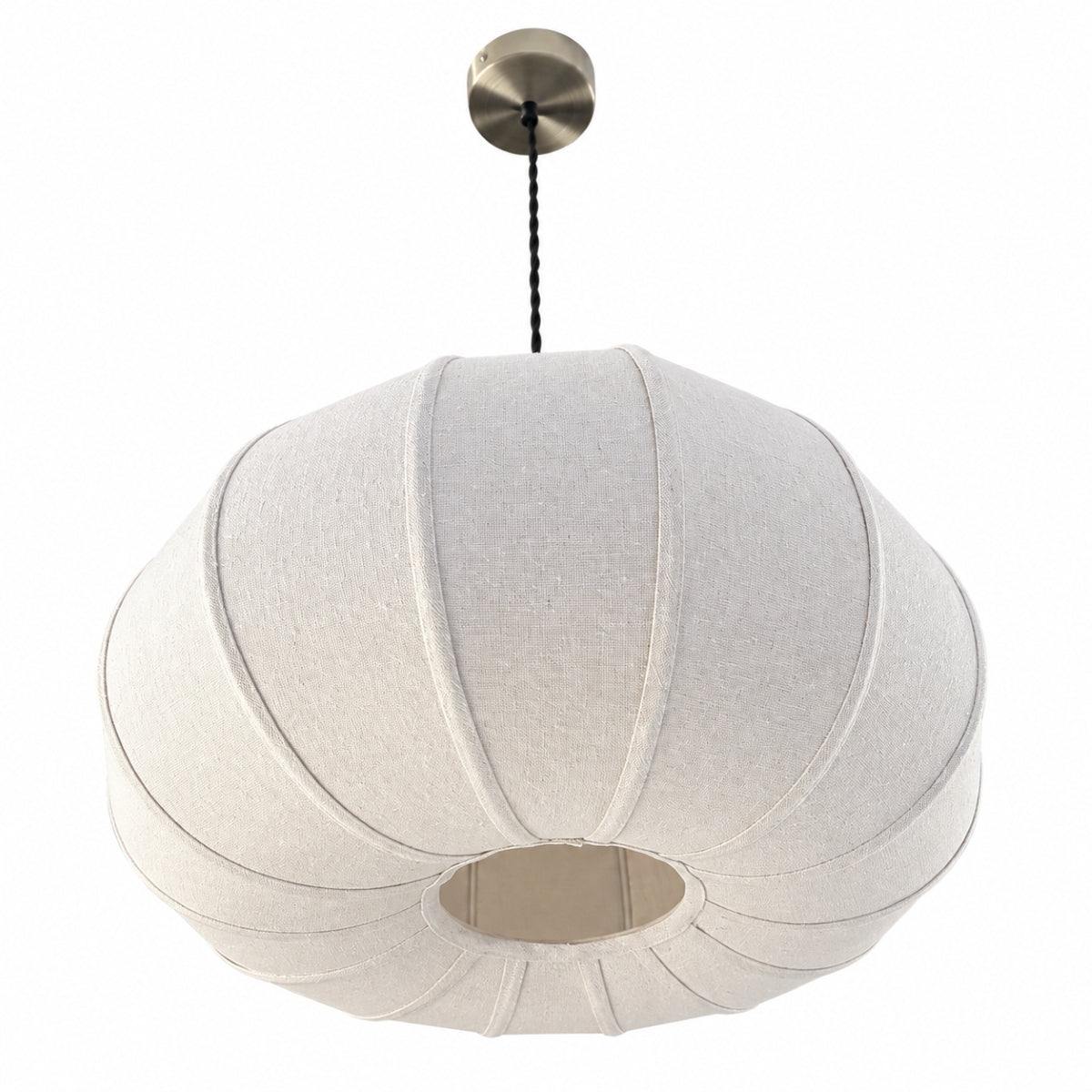 A modern spherical pendant light with a textured off-white fabric shade, suspended from a brushed brass ceiling canopy by a black cord, shown against a solid white background.