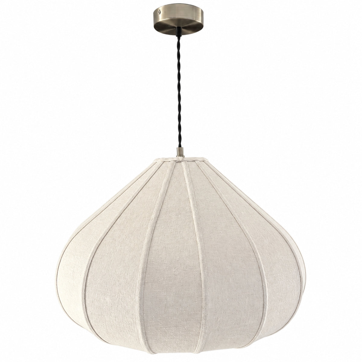 A modern teardrop-shaped pendant light with a textured off-white fabric shade, suspended by a black cord from a brushed brass ceiling canopy, shown against a solid white background.