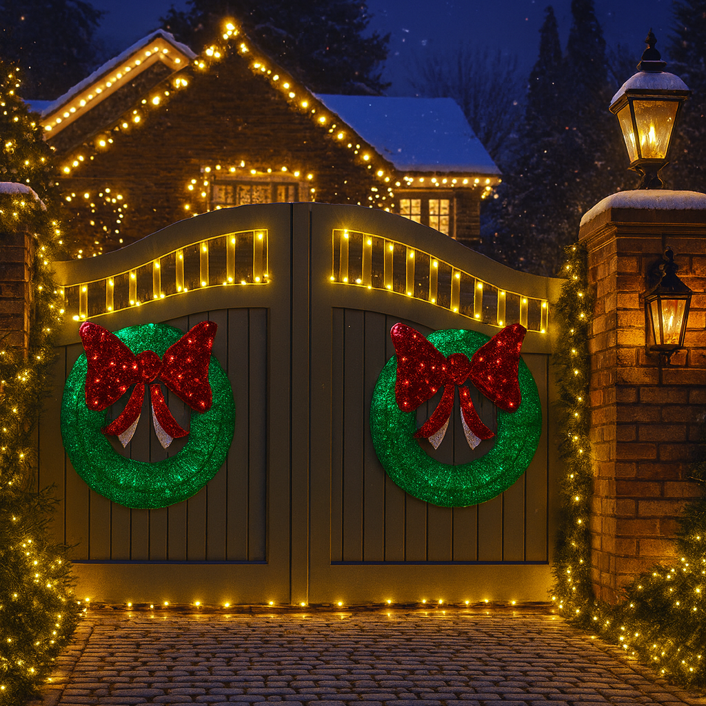 CGC Extra Large 90cm Luxury LED Glitter Green With Red Bow LED Christmas Wreath