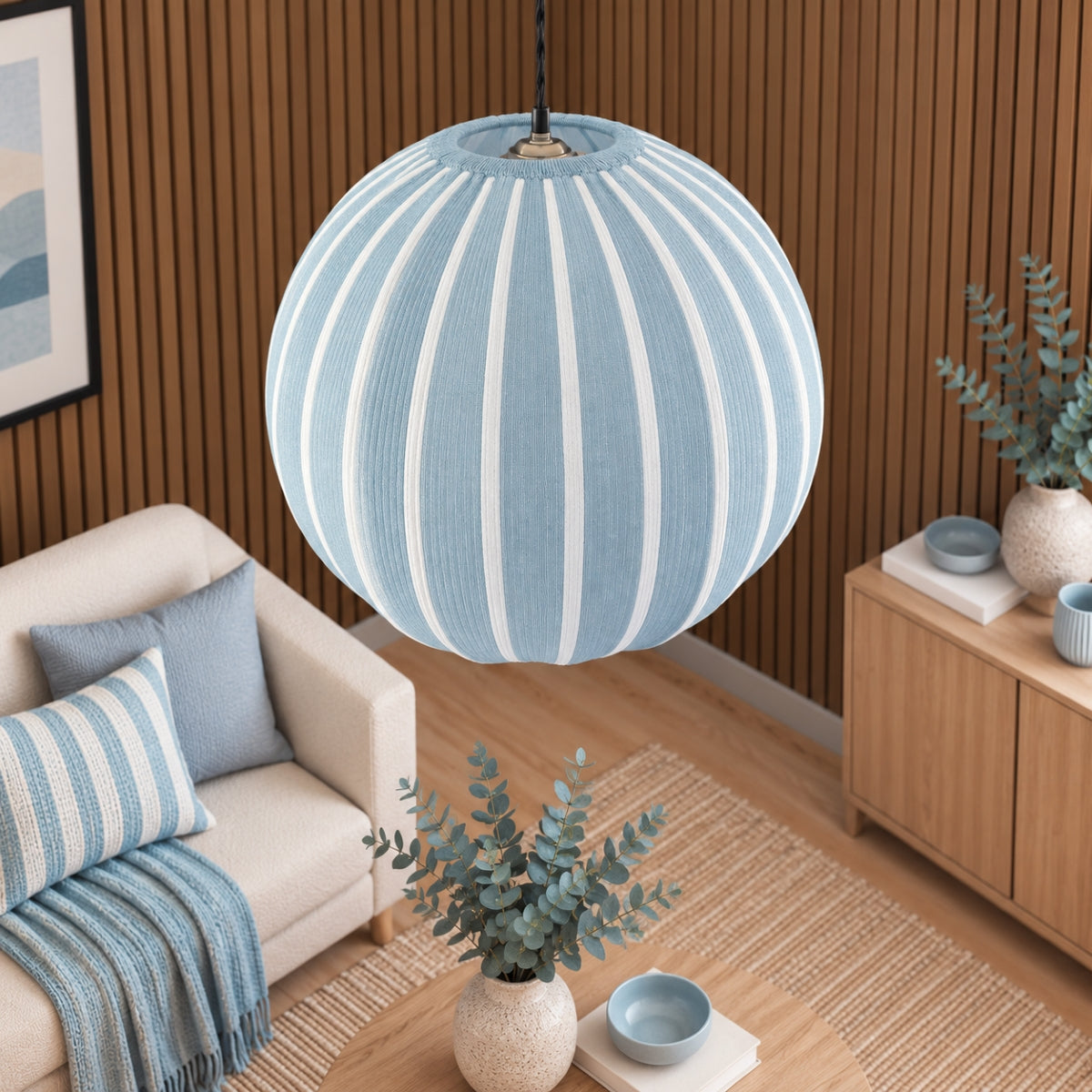 CGC Fleur Large 45cm Blue & White Striped Round Globe Lantern Lampshade
