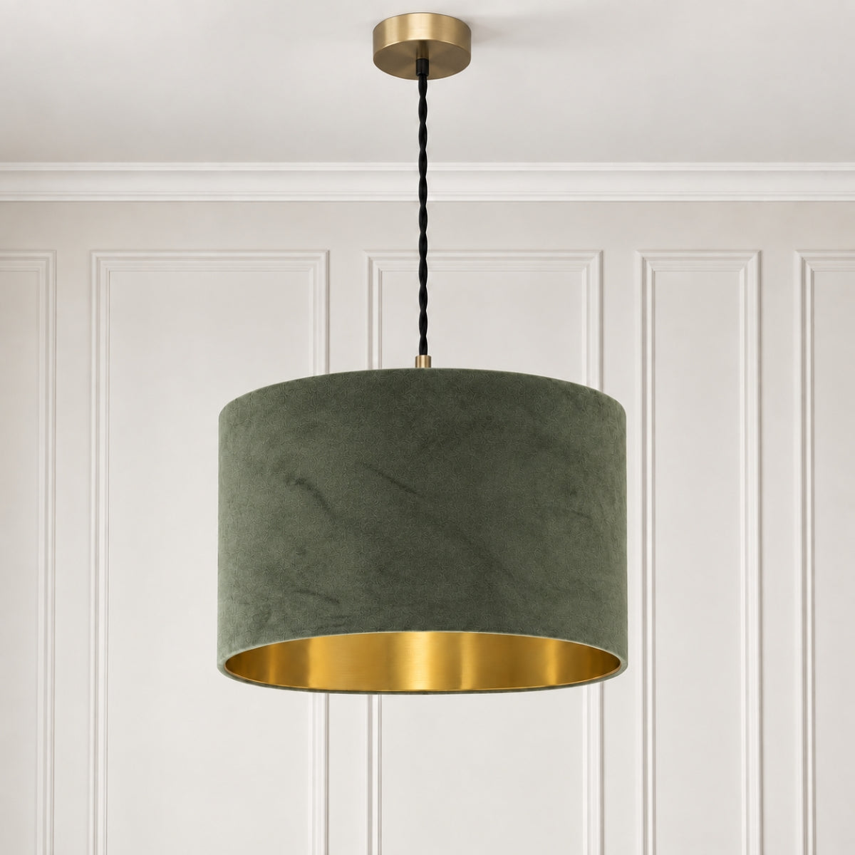 CGC NILA Luxury Olive Green Velvet & Gold Inner Round Pendant Drum Lamp Shade