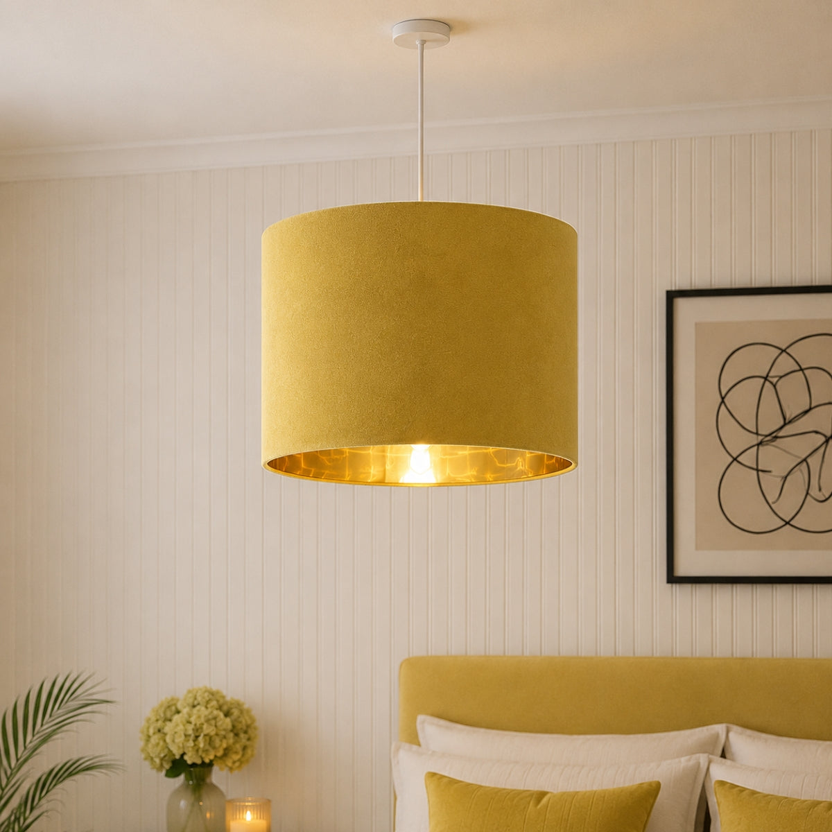 CGC NILA Luxury Mustard Yellow Velvet & Gold Inner Round Pendant Drum Lamp Shade