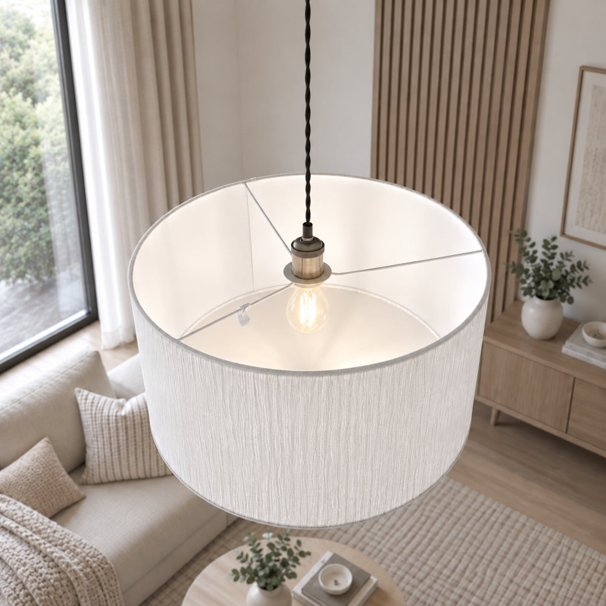 CGC Ramona 46cm White Ruffled Paper Large Round Drum Lampshade with Diffuser