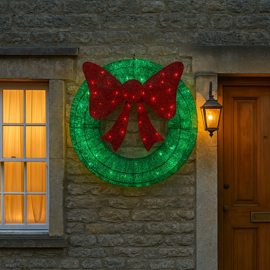 Extra Large 90cm Luxury LED Glitter Green With Red Bow LED Christmas Wreath