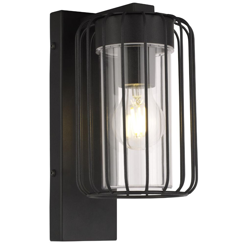 Black outdoor wall light fixture with clear glass cover on a white background