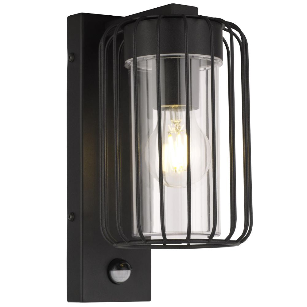 Black outdoor wall light fixture with clear glass cover on a white background