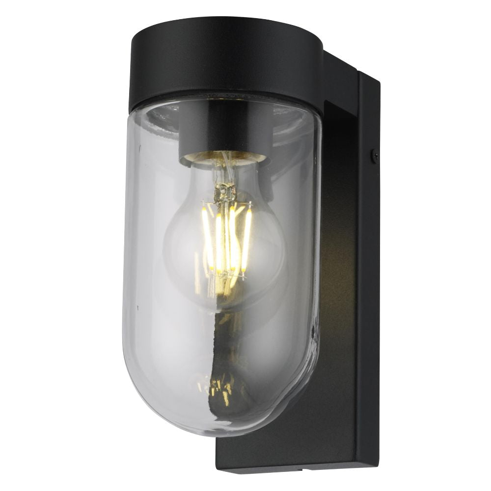 Black outdoor wall light fixture with clear glass cover on a white background