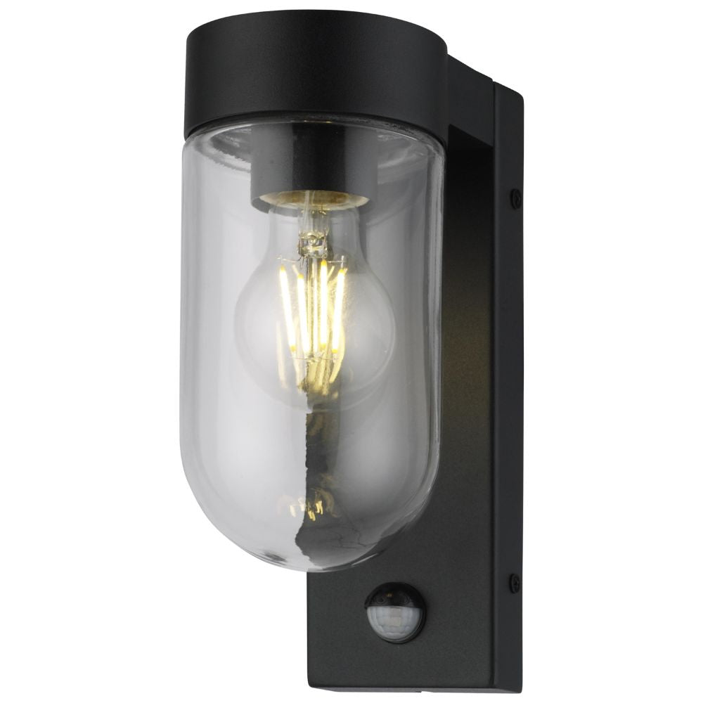 Black outdoor wall light fixture with clear glass cover and motion sensor on a white background