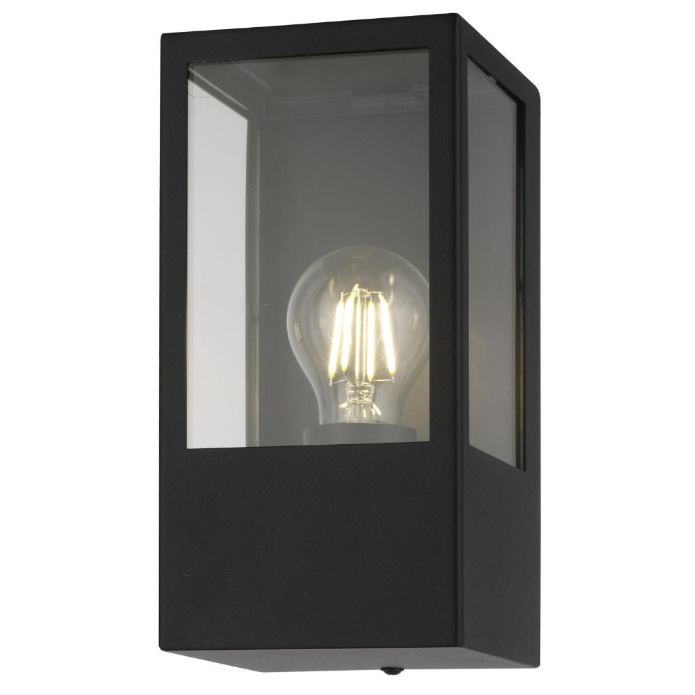 Black outdoor wall light fixture with a clear glass cover on a white background