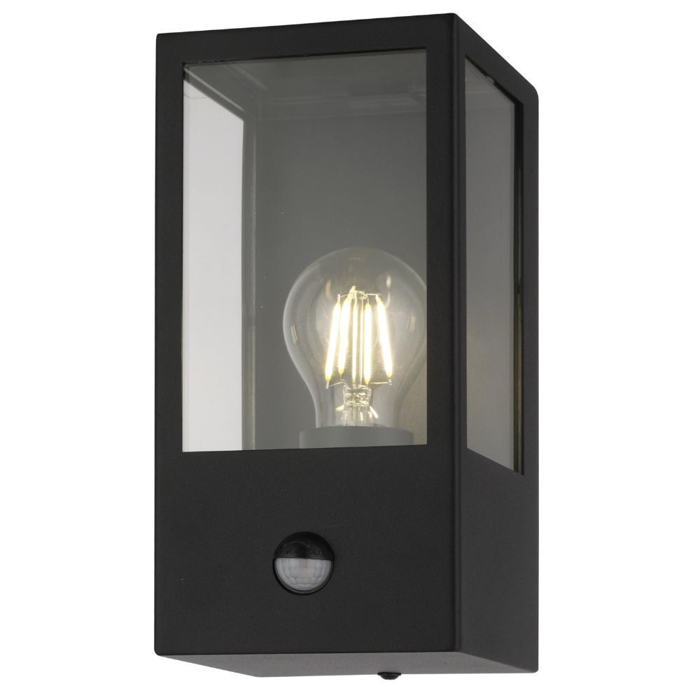 Black outdoor wall light fixture with a visible light bulb on a white background