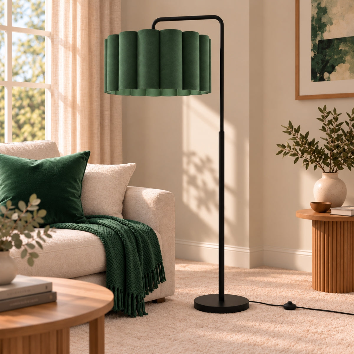 CGC Kyra Matt Black Angled Floor Lamp with Large Scalloped Lampshade