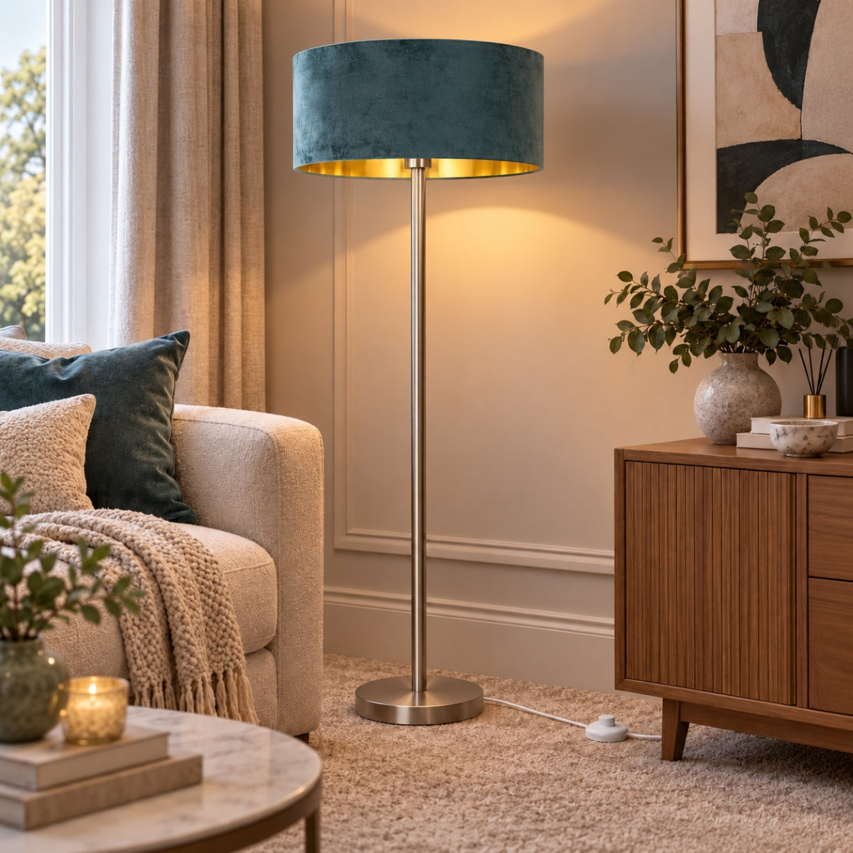CGC Lena Brushed Nickel Straight Floor Lamp with 45cm Large Velvet Lampshade