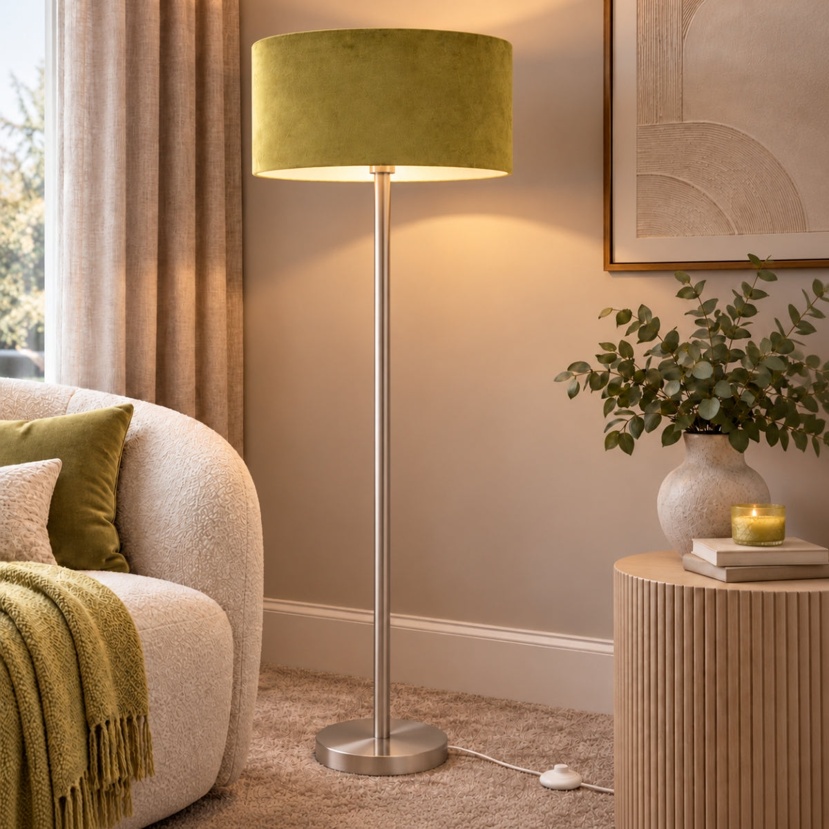 CGC Lena Brushed Nickel Straight Floor Lamp with 45cm Large Velvet Lampshade