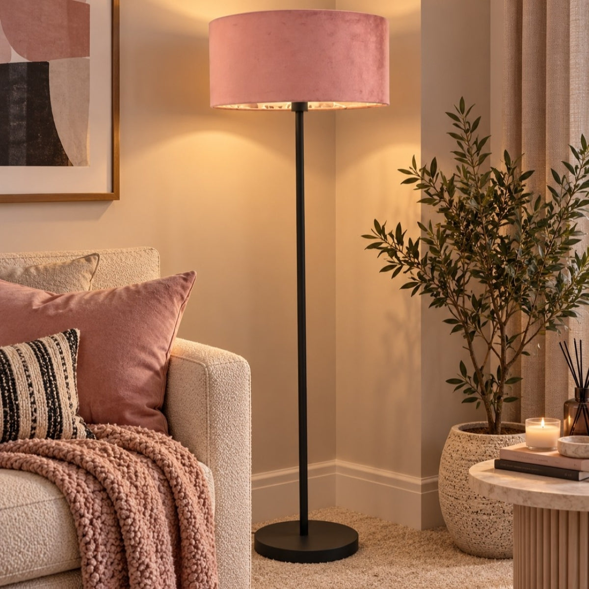 CGC Lena Matt Black Straight Floor Lamp with 45cm Large Velvet Lampshade