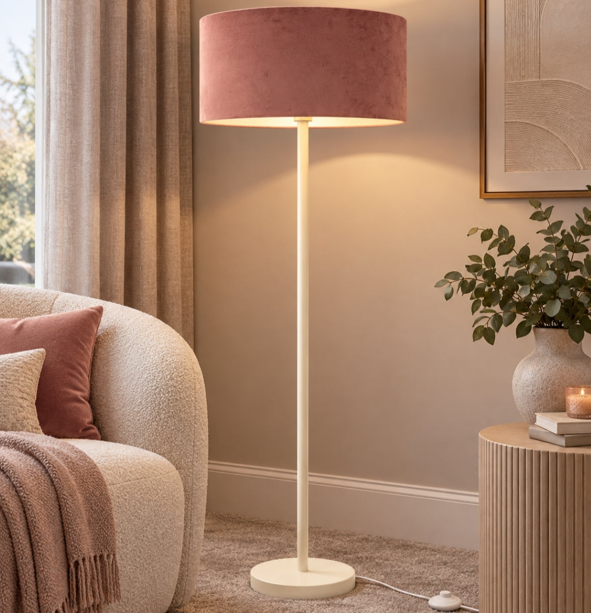 CGC Lena Cream Straight Floor Lamp with 45cm Large Velvet Lampshade