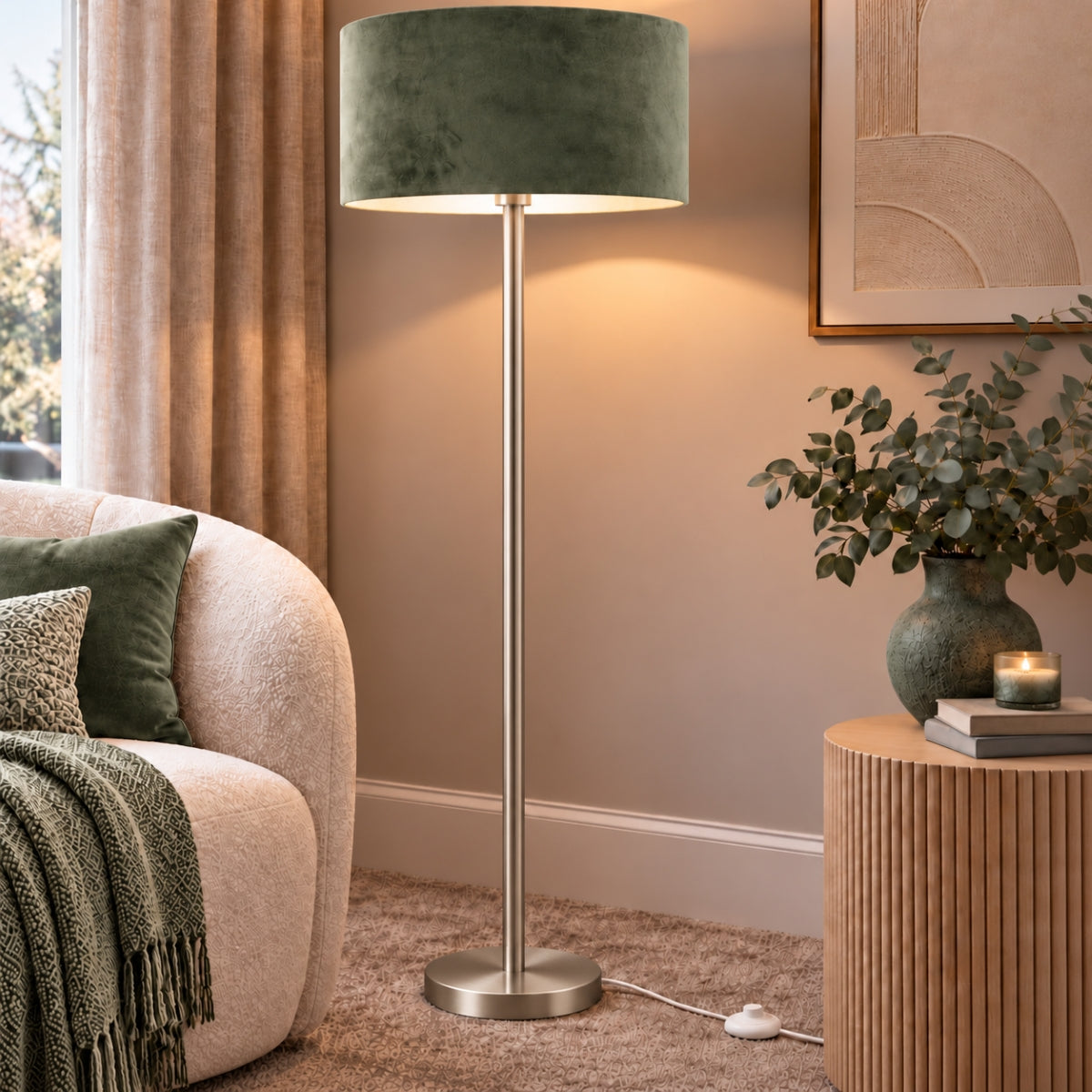 CGC Lena Brushed Nickel Straight Floor Lamp with 45cm Large Velvet Lampshade